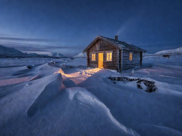 Documentary photograph of a warm-lit timber cabin surrounded by deep blue twilight snow drifts in Northern Norway
