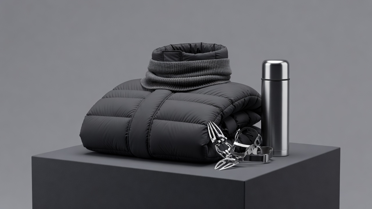 Soft-lit 3D render of a baffled expedition parka, merino neck gaiter, microspikes and stainless vacuum thermos on plain charcoal plinth