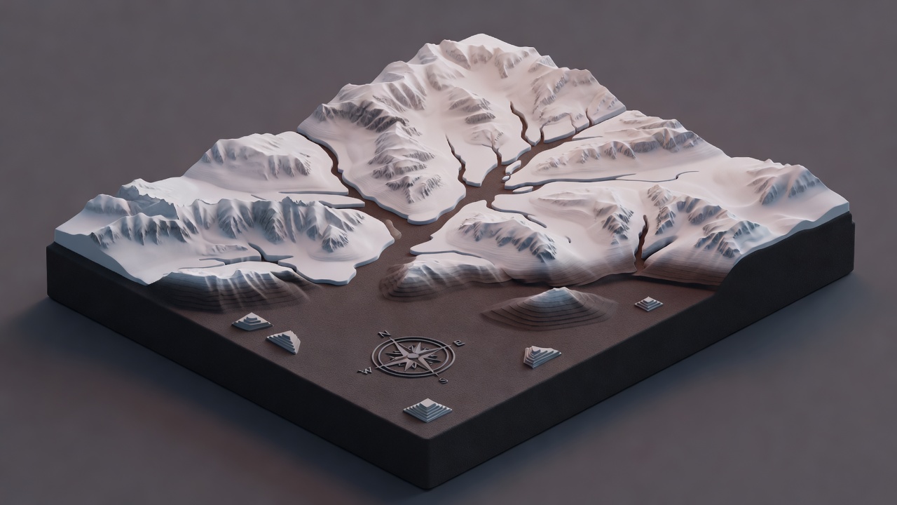 Soft-lit 3D render of miniature Arctic fjord topography, compass rose and elevation markers on warm charcoal block