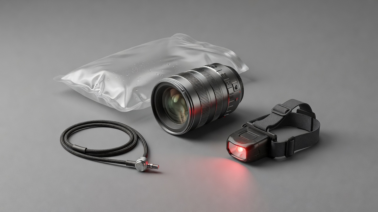 Soft-lit 3D render of a wide-angle prime lens, manual shutter cable release, red-light headlamp and airtight condensation drybag
